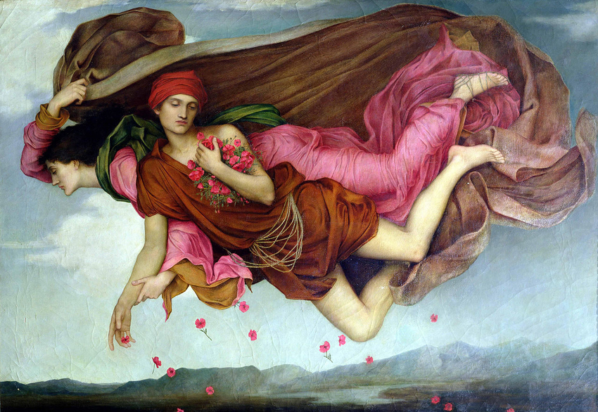 Nuit et Sommeil, tableau d'Evelyn De Morgan (1878) — Deux figures allégoriques flottent dans un ciel crépusculaire